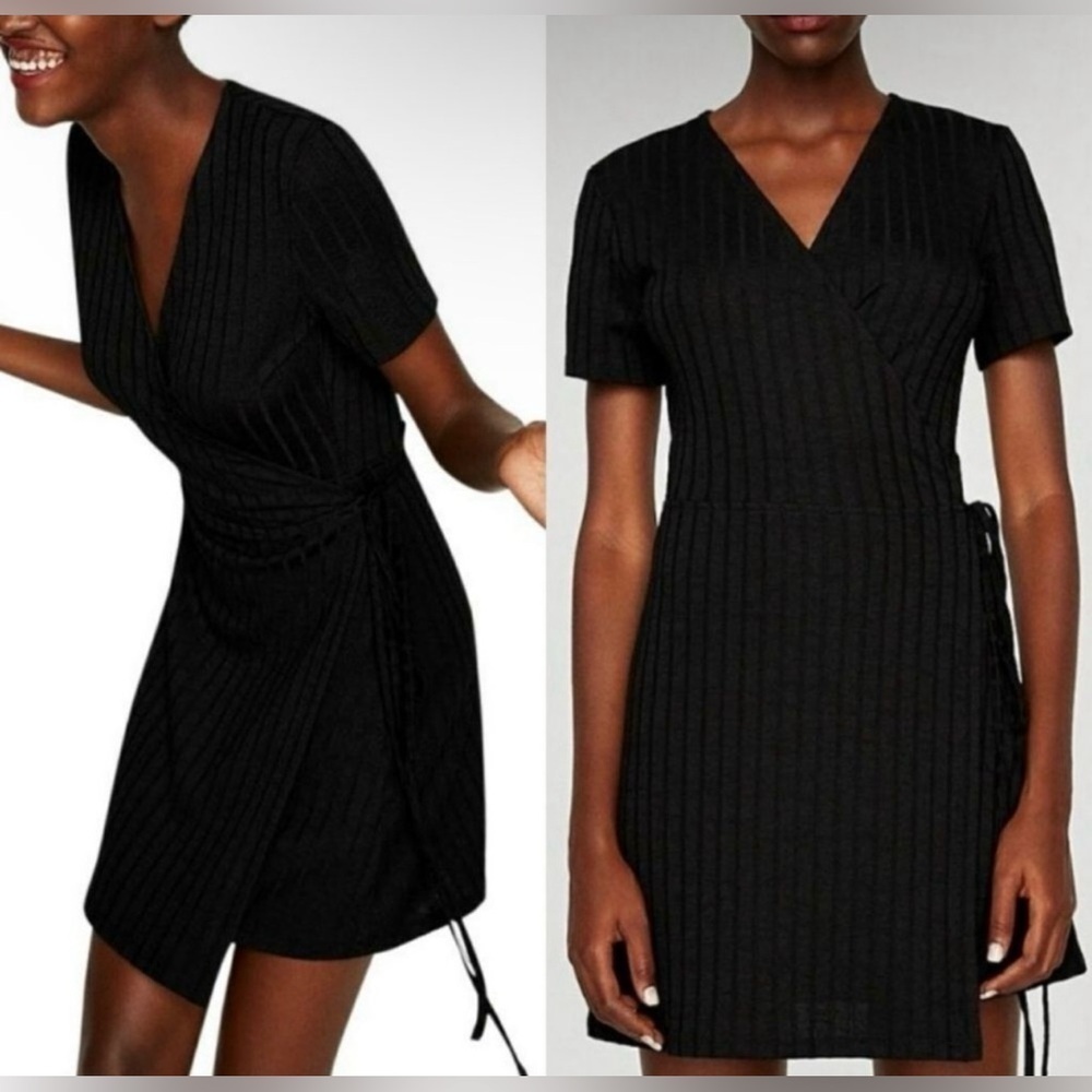 Zara Trafaluc Ribbed Wrap Around V Neck Mini Dress Womens Small